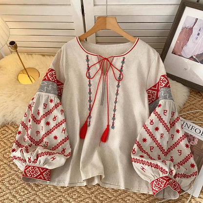 New Women's Bohemia Blouse Embroidered Autumn Spring O-neck Collar Bow Tie Lantern Sleeve Top Blusas Mujer Female Tops BL021