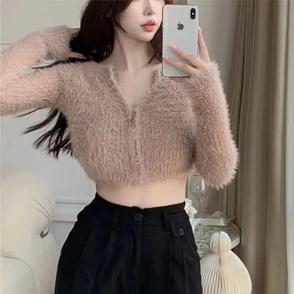 Y2K Knitted Plush Short Cardigan Sweaters Women 2025 Autumn Winter New Zipper Cardigan Female Vintage Trend Sexy Crop Tops