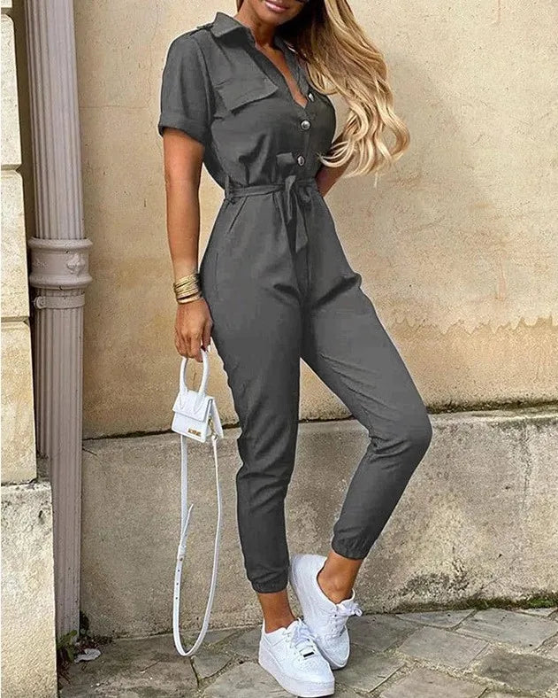 Summer Women's New Fashion Flip Collar Button Print Belt Lace Up Work Dress Casual Capris Jumpsuit Office