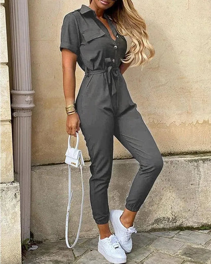 Summer Women's New Fashion Flip Collar Button Print Belt Lace Up Work Dress Casual Capris Jumpsuit Office