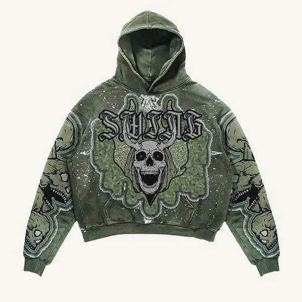 Skull print green hooded sweatshirt trendy brand street hot selling retro men's and women's pullover fashion loose sports hoodie