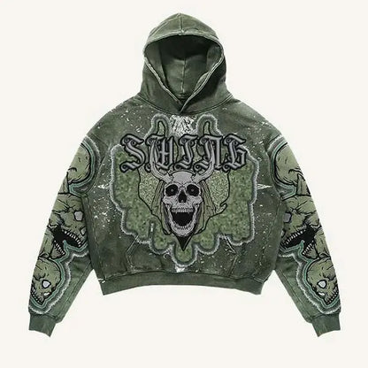 Skull print green hooded sweatshirt trendy brand street hot selling retro men's and women's pullover fashion loose sports hoodie