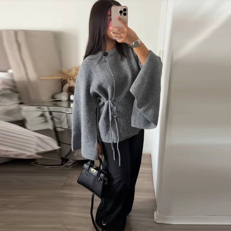 Elegant Woolen Knitted Cape Jacket For Women Long Sleeve Loose Casual Shawl Shawl Coat 2025 New Lady Autumn Winter Solid Outwear