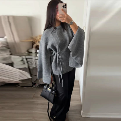 Elegant Woolen Knitted Cape Jacket For Women Long Sleeve Loose Casual Shawl Shawl Coat 2025 New Lady Autumn Winter Solid Outwear