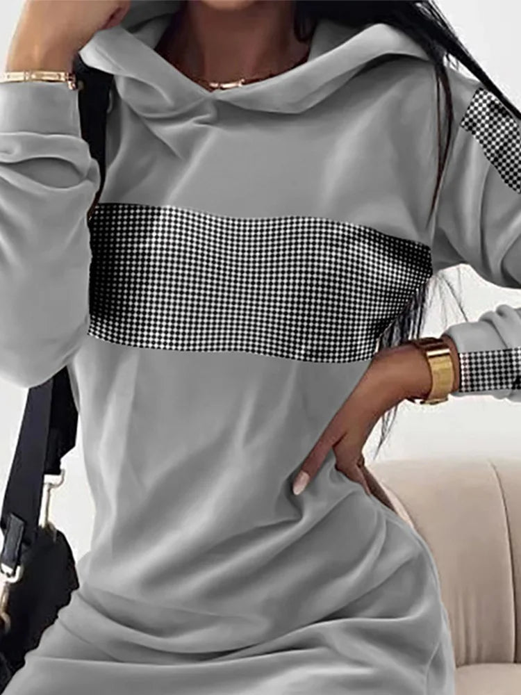 Women Long Sweater Dresses LOVE Print Hooded Loose High Collar Sweatshirts Long Sleeve Pullover Fall Winter Y2K Street Style Top