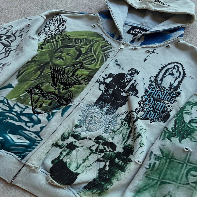 Y2K Fashion Retro Hoodie Oversized Abstract Graphic Printing Casual Distressed Zip Up Hoodie Men Women Hip Hop Trend Streetwear