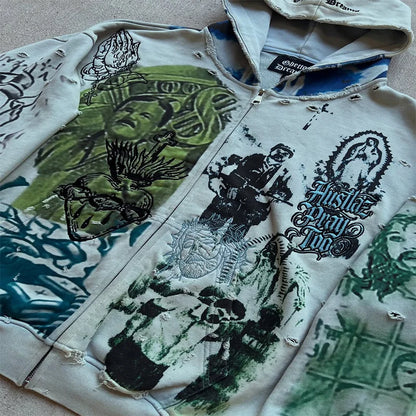 Y2K Fashion Retro Hoodie Oversized Abstract Graphic Printing Casual Distressed Zip Up Hoodie Men Women Hip Hop Trend Streetwear