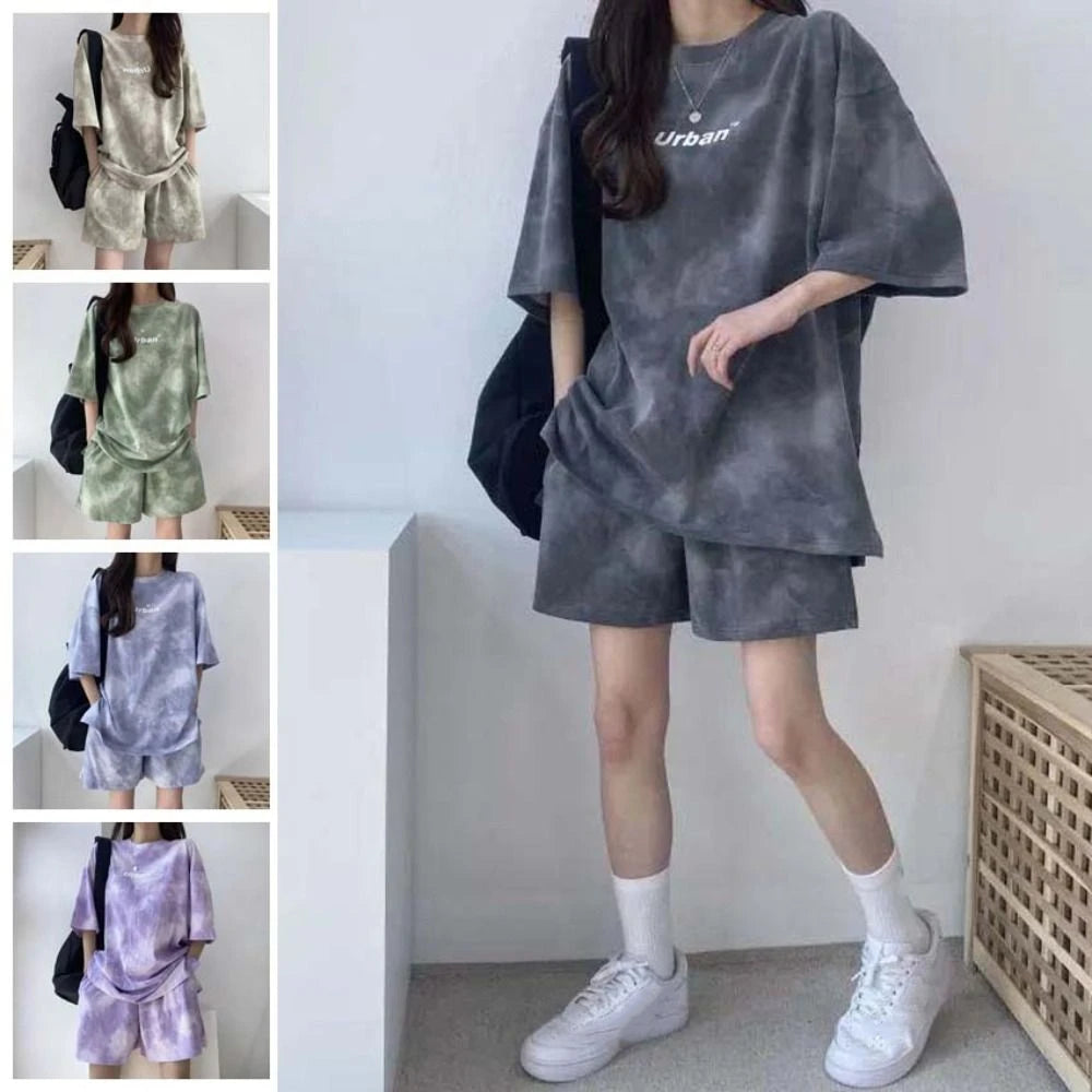 Streetwear Letter Two-piece Tracksuit Tie-dye Thin Short Sleeve T-shirt Shorts Ins Sports Summer Loose Suit Running