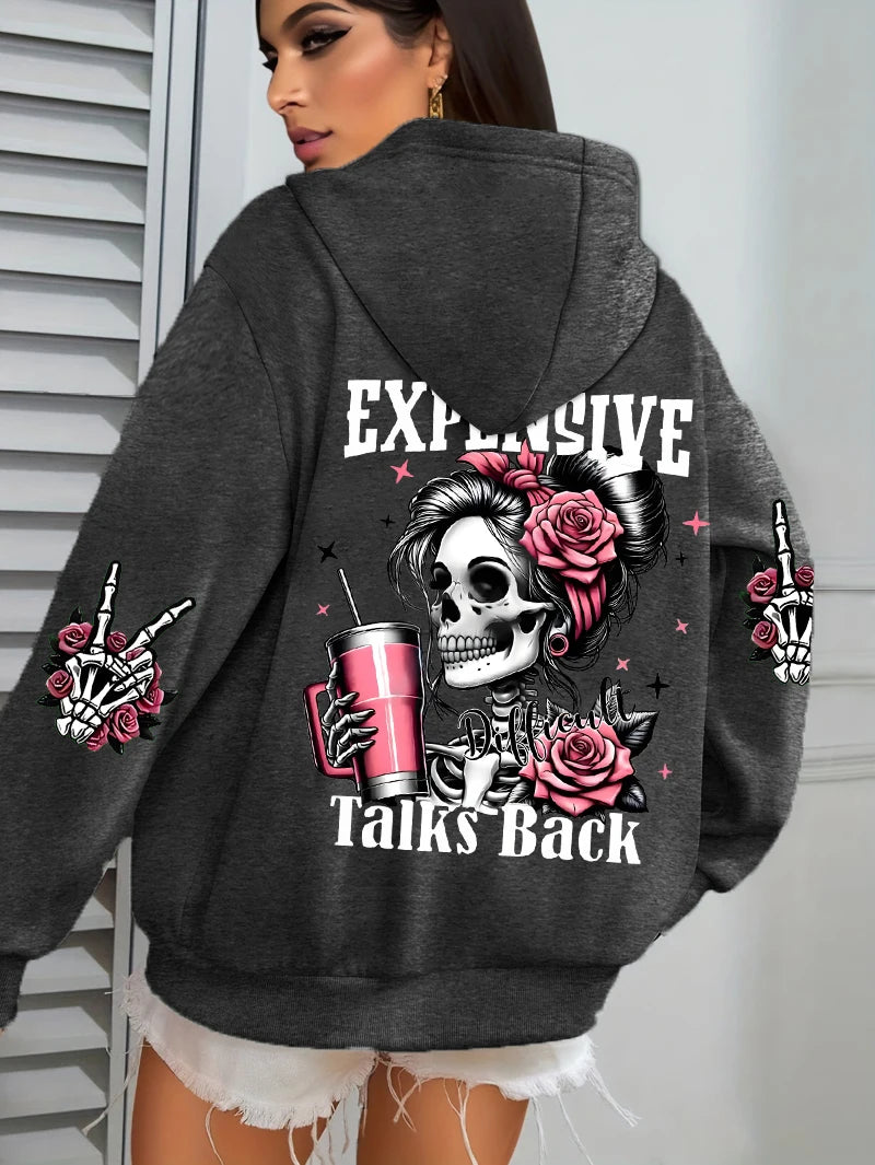 Expensive Talks Back Funny Printing Womens Hoodie Loose Multicolor Pullovers Fleece Autumn Sportswear Casual Pocket Hoody