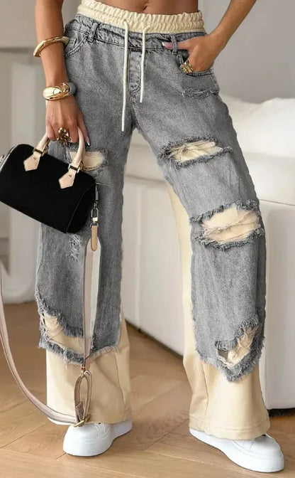 Jeans Wide Leg Pants Women Hole Trousers Elastic Waist Lace Up Stretch Patchwork Distressed Ripped Denims Vintage Streetwear