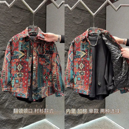 Famous Style Jacquard Casual Lapel Shirt Jacket for Men's Autumn New Versatile Loose Dovetail Warm Cotton Jacket