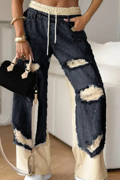 Jeans Wide Leg Pants Women Hole Trousers Elastic Waist Lace Up Stretch Patchwork Distressed Ripped Denims Vintage Streetwear