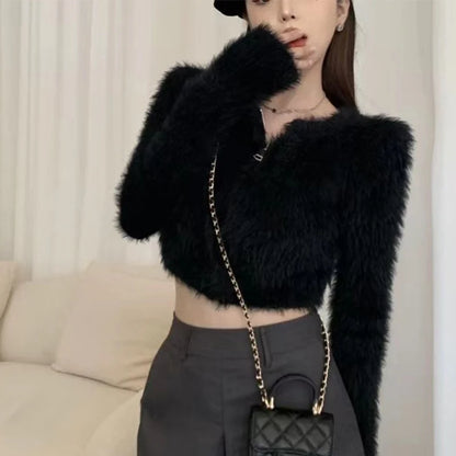 Y2K Knitted Plush Short Cardigan Sweaters Women 2025 Autumn Winter New Zipper Cardigan Female Vintage Trend Sexy Crop Tops