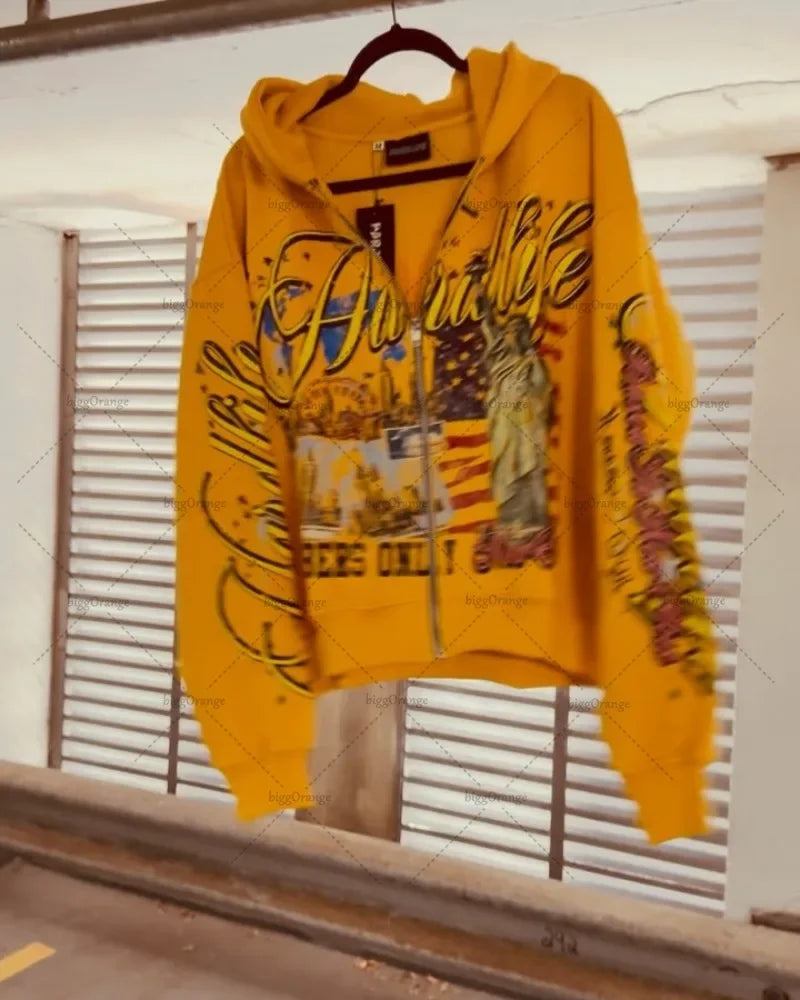 American Retro Letter Casual Loose Zipper Hoodie Men New Street Hip-hop Fashion Y2K Harajuku Oversized Sweatshirt Women