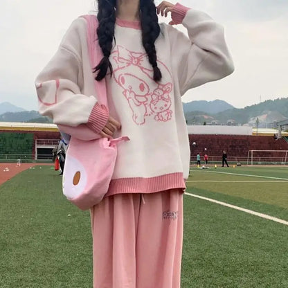 Anime Cinnamoroll Women Sweater Sanrio My Melody Kawaii Autumn Winter Preppy Student Girl Sweater Round Neck Tops Loose Sweet
