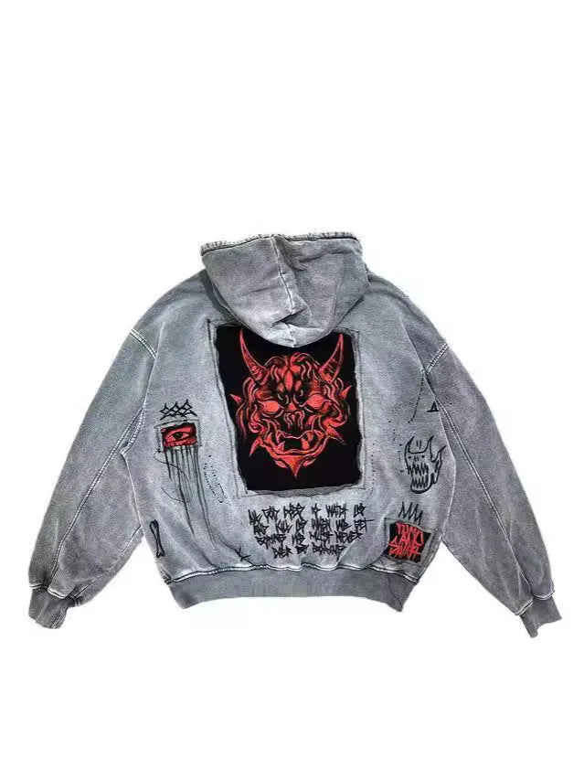 American street retro Y2K unisex demon 3D printed fabric heavy-duty loose fitting hooded sweatshirt jacket