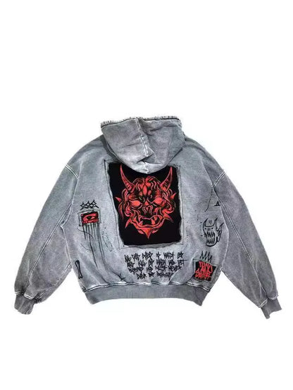 American street retro Y2K unisex demon 3D printed fabric heavy-duty loose fitting hooded sweatshirt jacket