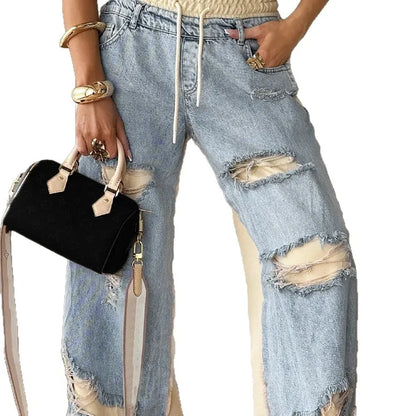 Jeans Wide Leg Pants Women Hole Trousers Elastic Waist Lace Up Stretch Patchwork Distressed Ripped Denims Vintage Streetwear