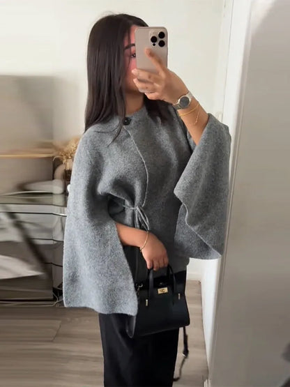 Elegant Woolen Knitted Cape Jacket For Women Long Sleeve Loose Casual Shawl Shawl Coat 2025 New Lady Autumn Winter Solid Outwear