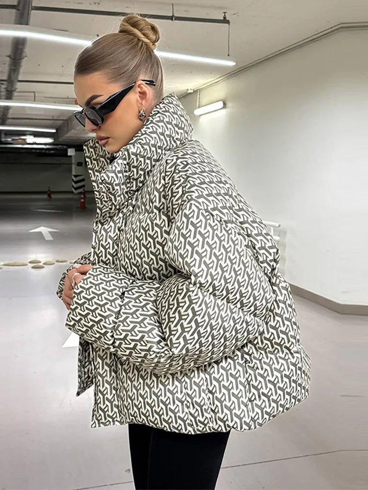 Oversized Printed Stand Collar Zipper Padded Jacket Women Elegant Long Sleeve Loose Autumn Winter Coats Fashion Ladies Outerwear