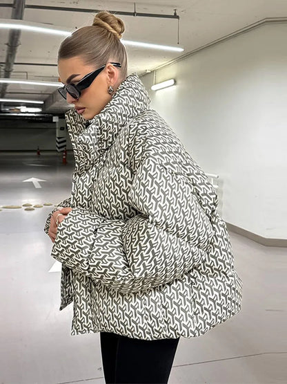 Oversized Printed Stand Collar Zipper Padded Jacket Women Elegant Long Sleeve Loose Autumn Winter Coats Fashion Ladies Outerwear