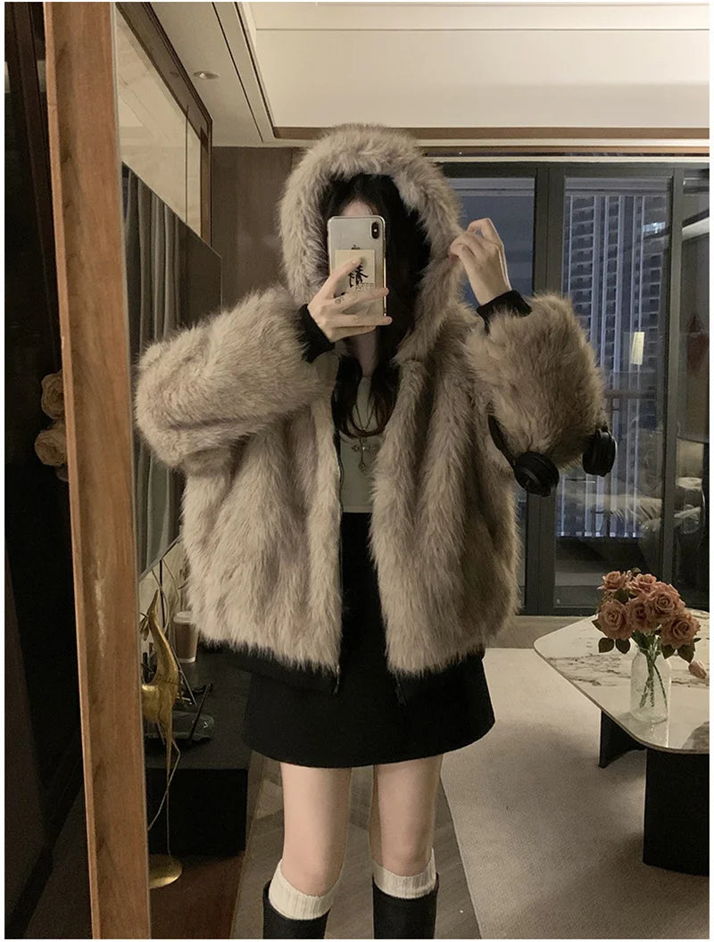 Double Sided Winter Coat Women Clothing Imitation Mink Fur Fur Hooded Cotton Jacket Female Warm Cotton-padded Clothes Outerwea