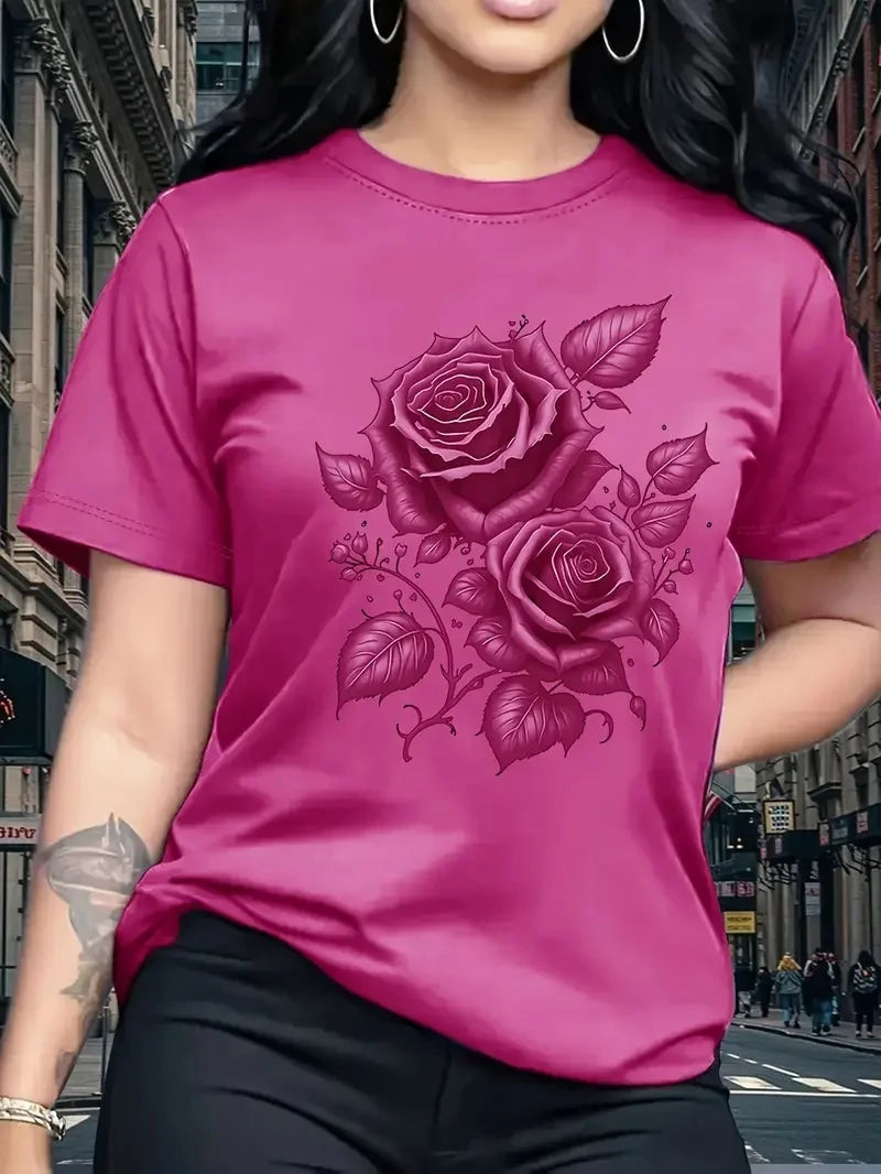 Women's Hot Selling Casual Round Neck Top, 3D Rose Pattern Short Sleeved T-shirt Elegant, Fast Breathable Outdoor Sports Shirt