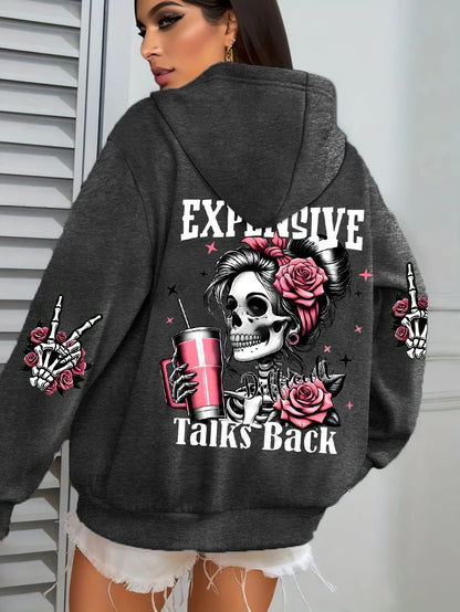 Expensive Talks Back Funny Printing Womens Hoodie Loose Multicolor Pullovers Fleece Autumn Sportswear Casual Pocket Hoody