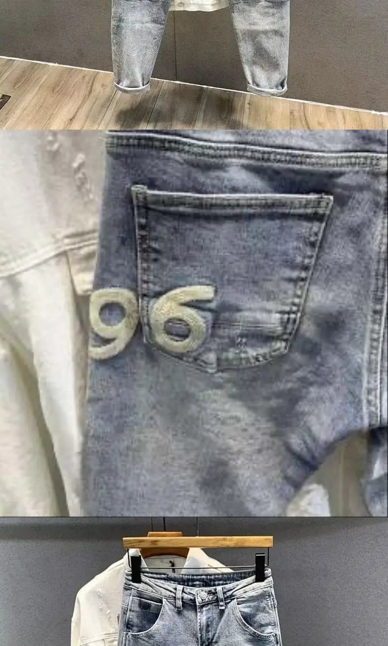 Men's Retro Jeans Casual Spring Autumn Slim Pencil Pants Vintage Distressed Motorcycle Stitching Embroidery Washed Skinny Jeans