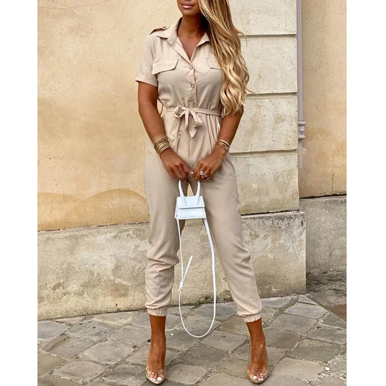 Summer Women's New Fashion Flip Collar Button Print Belt Lace Up Work Dress Casual Capris Jumpsuit Office