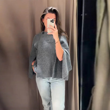 Elegant Woolen Knitted Cape Jacket For Women Long Sleeve Loose Casual Shawl Shawl Coat 2025 New Lady Autumn Winter Solid Outwear