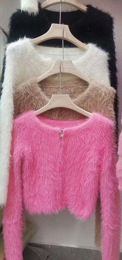 Y2K Knitted Plush Short Cardigan Sweaters Women 2025 Autumn Winter New Zipper Cardigan Female Vintage Trend Sexy Crop Tops