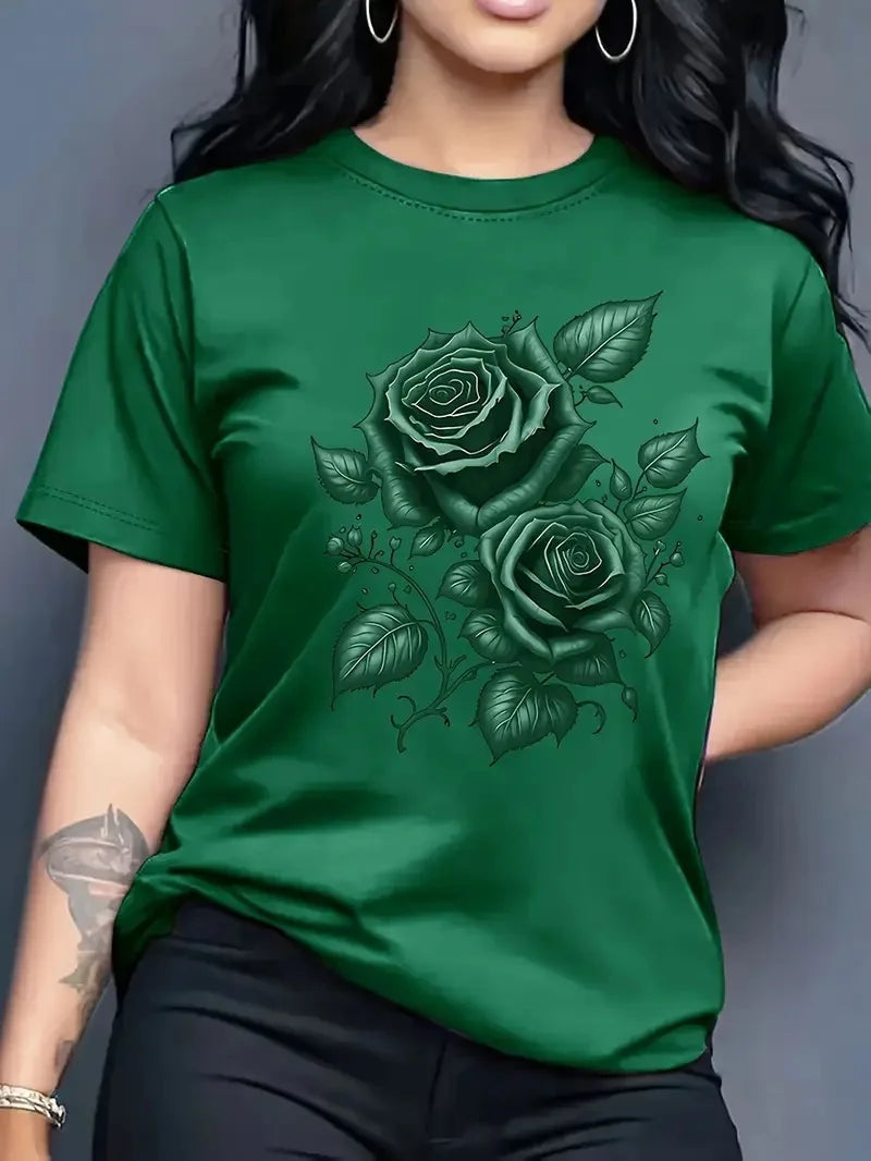 Women's Hot Selling Casual Round Neck Top, 3D Rose Pattern Short Sleeved T-shirt Elegant, Fast Breathable Outdoor Sports Shirt