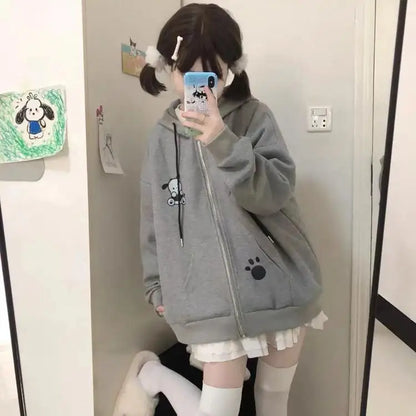 Anime Sanrioed Pochacco Cardigan Hoodie Thicken Ear Hooded Zip Jacket Kawaii Cotton Spring Autumn Sweet Loose Student Girls