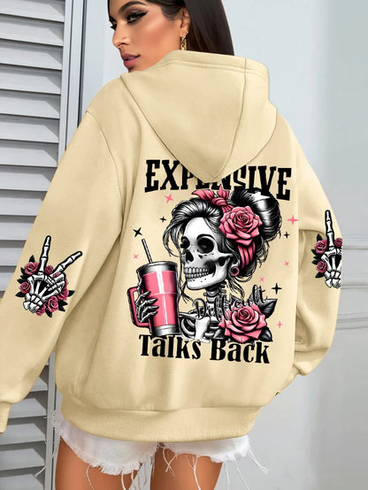 Expensive Talks Back Funny Printing Womens Hoodie Loose Multicolor Pullovers Fleece Autumn Sportswear Casual Pocket Hoody