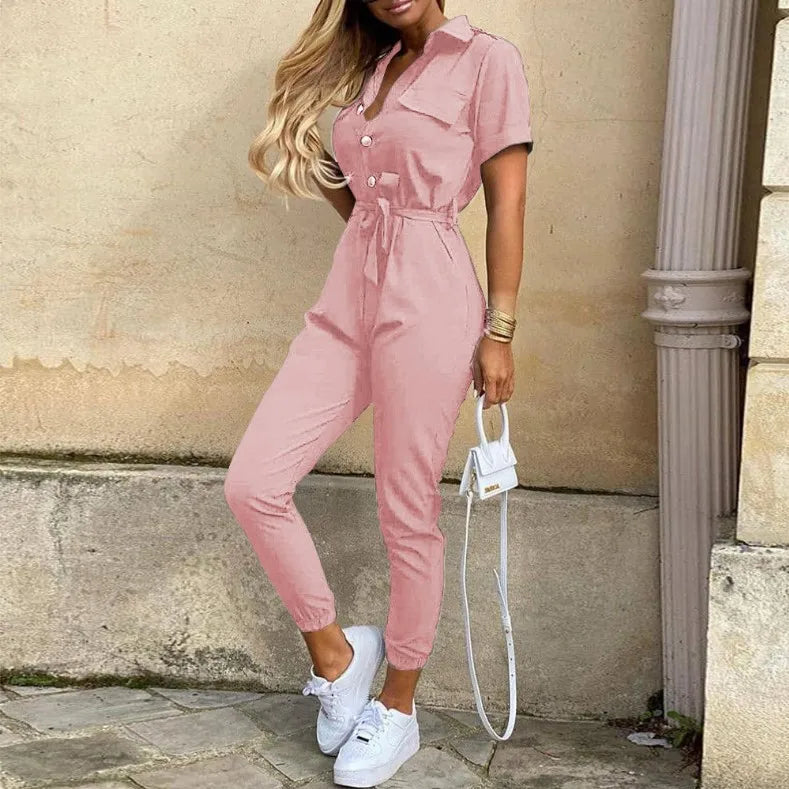 Summer Women's New Fashion Flip Collar Button Print Belt Lace Up Work Dress Casual Capris Jumpsuit Office