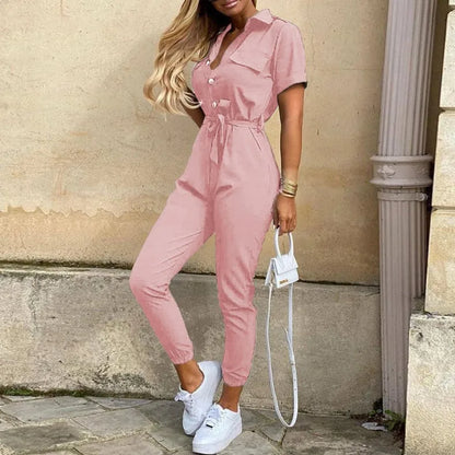 Summer Women's New Fashion Flip Collar Button Print Belt Lace Up Work Dress Casual Capris Jumpsuit Office