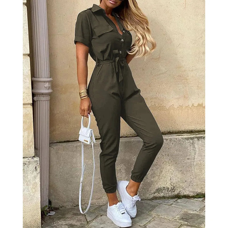 Summer Women's New Fashion Flip Collar Button Print Belt Lace Up Work Dress Casual Capris Jumpsuit Office