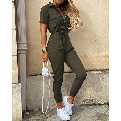 Summer Women's New Fashion Flip Collar Button Print Belt Lace Up Work Dress Casual Capris Jumpsuit Office
