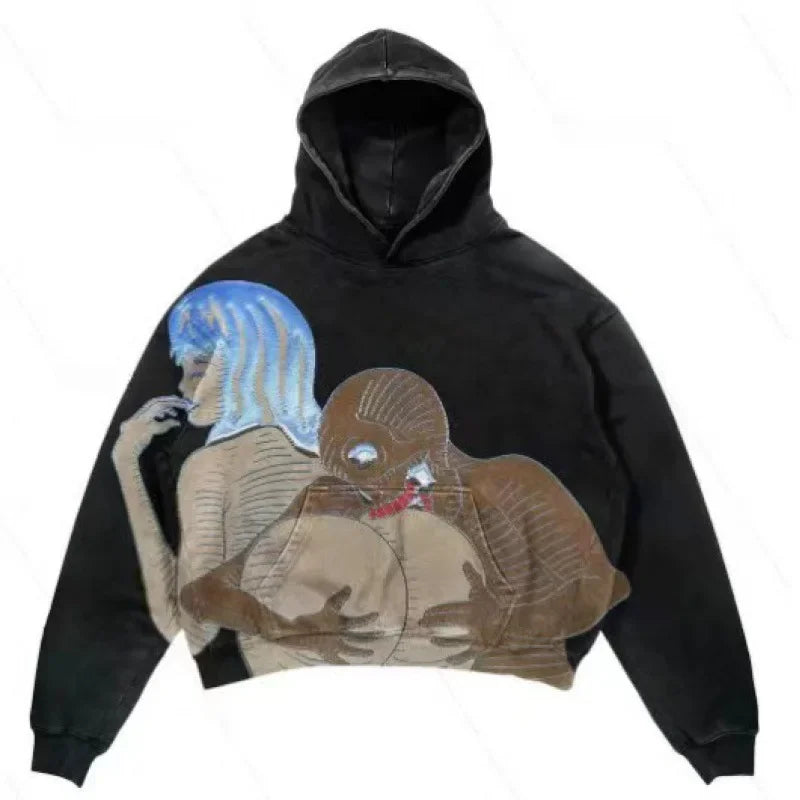 Y2khooded Sweatshirt Harajuku Style Hooded Shirt Hip Hop Vintage Loose Fit Polo Shirt Oversized Hooded