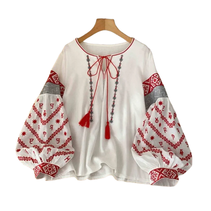 New Women's Bohemia Blouse Embroidered Autumn Spring O-neck Collar Bow Tie Lantern Sleeve Top Blusas Mujer Female Tops BL021