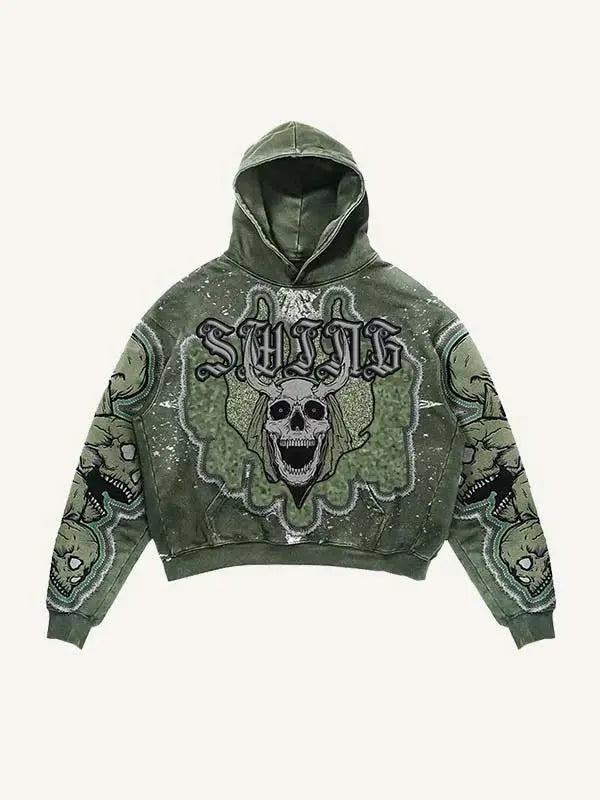 Skull print green hooded sweatshirt trendy brand street hot selling retro men's and women's pullover fashion loose sports hoodie