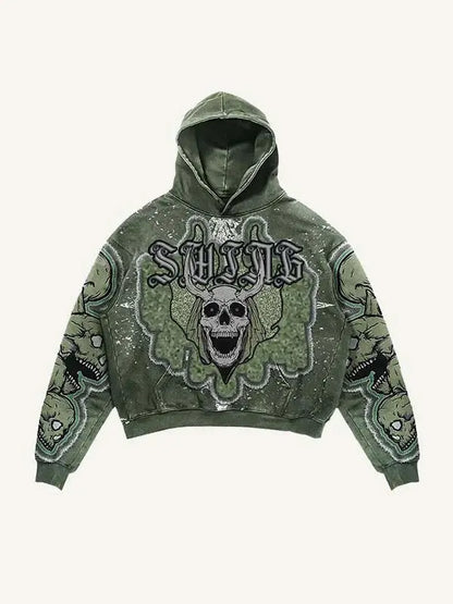 Skull print green hooded sweatshirt trendy brand street hot selling retro men's and women's pullover fashion loose sports hoodie