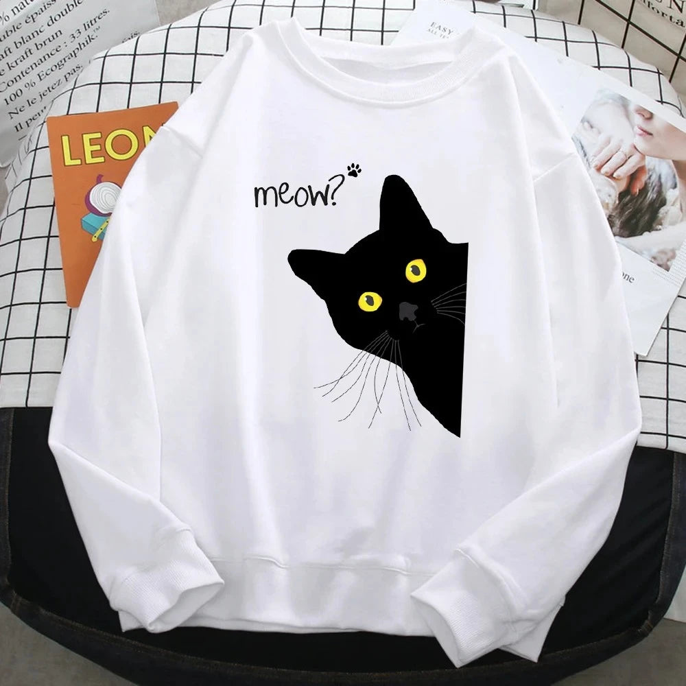 Winter Fall Harajuku Woman Sweatshirt Meow Black Cat Printing Hoodies Comfortable Pullover Crewneck Casual Female Clothes