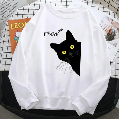 Winter Fall Harajuku Woman Sweatshirt Meow Black Cat Printing Hoodies Comfortable Pullover Crewneck Casual Female Clothes