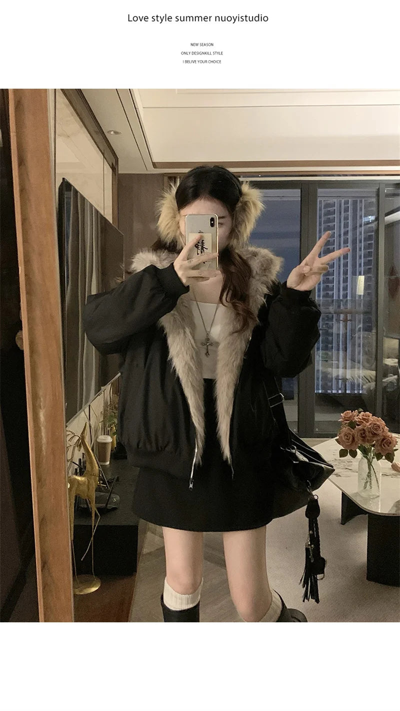 Double Sided Winter Coat Women Clothing Imitation Mink Fur Fur Hooded Cotton Jacket Female Warm Cotton-padded Clothes Outerwea