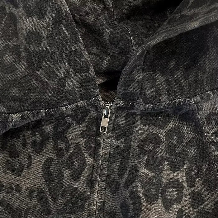 2025 Autumn/Winter European and American Warm Harajuku New Leopard Pattern Dark Design Fashion Zipper Hoodie