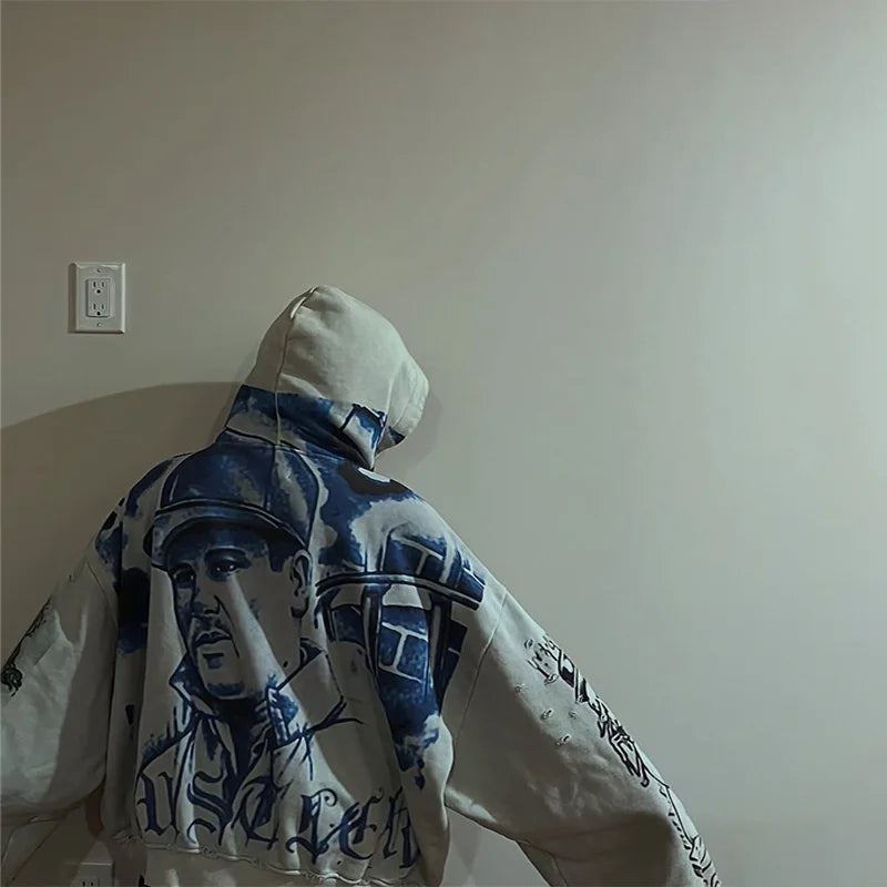 Y2K Fashion Retro Hoodie Oversized Abstract Graphic Printing Casual Distressed Zip Up Hoodie Men Women Hip Hop Trend Streetwear
