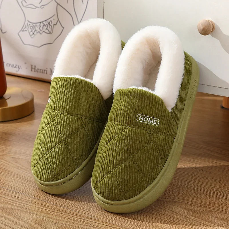 New Corduroy Cotton Slippers for Women Home Warm Shoes Soft Plush Anti-slip Couples Indoor Warm Non-slip Slides Footwear 2024