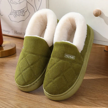 New Corduroy Cotton Slippers for Women Home Warm Shoes Soft Plush Anti-slip Couples Indoor Warm Non-slip Slides Footwear 2024